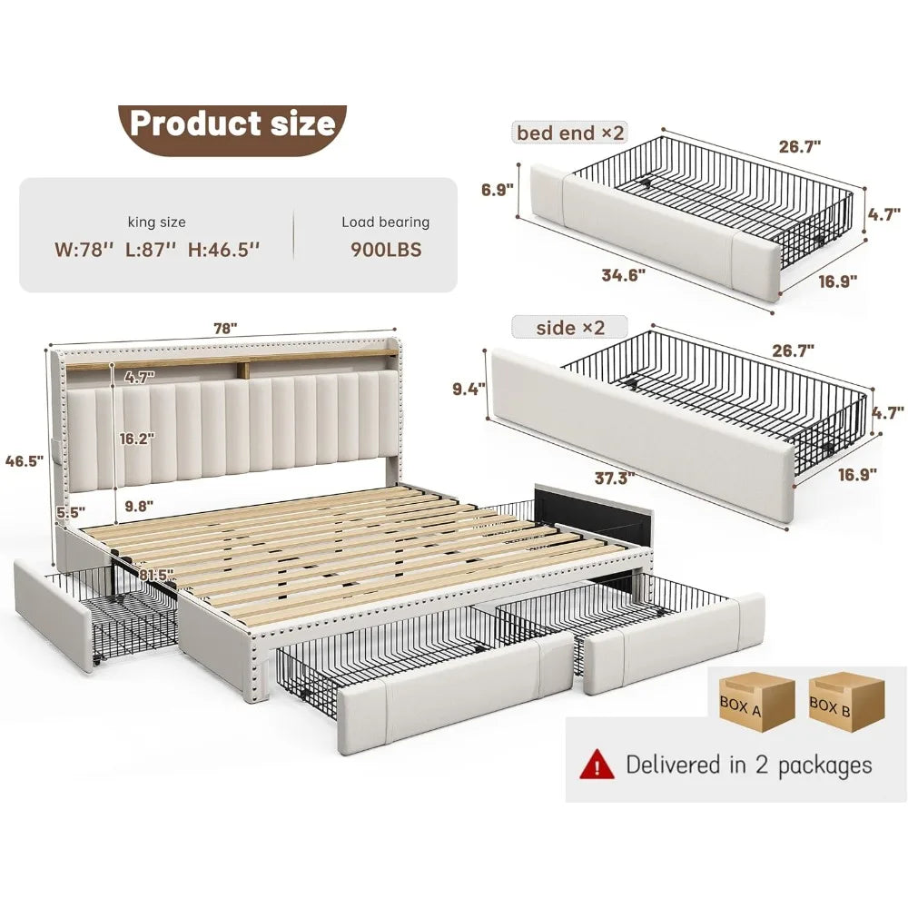 EnHomee King Size Bed Frame with 4 Storage Drawers, Upholstered King Bed Frame and headboard with 2-Tier Shelves, Sturdy Wooden