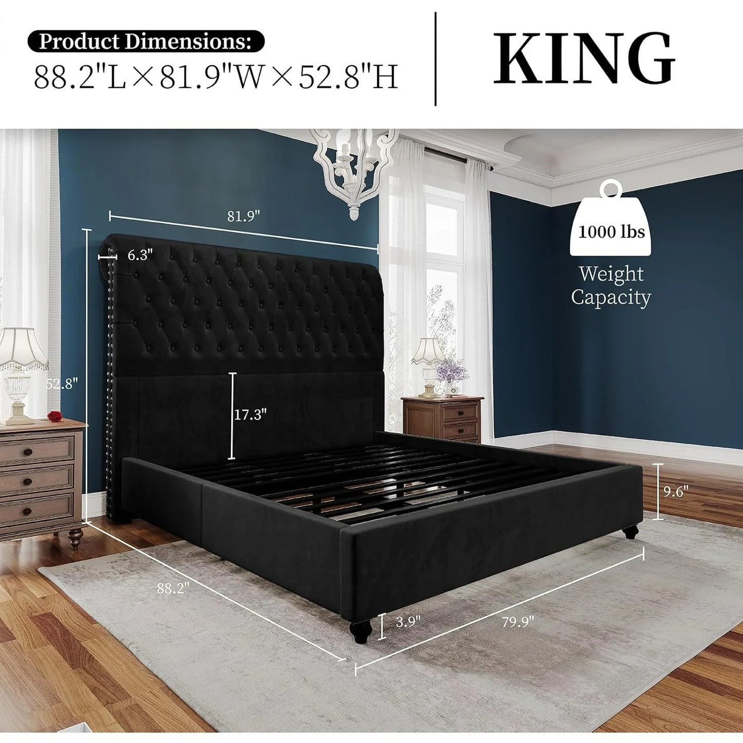 King Bed Frame Upholstered Platform Bed Frame with 52.8'' Tall Sleigh Headboard, Button Tufted, No Box Spring Needed, Black