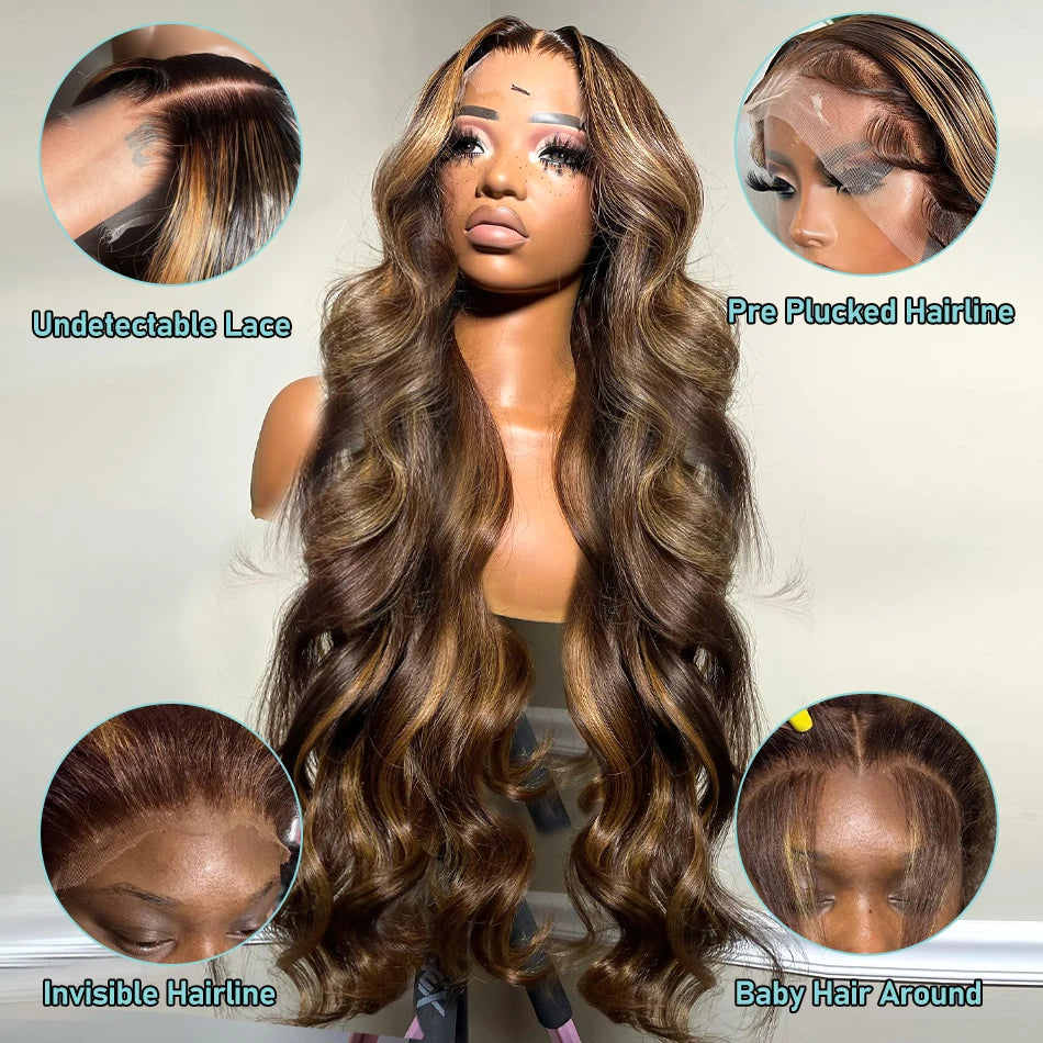 30 40 Inch 4/27 Highlight Body Wave 13x4 Human Hair Lace Frontal Wigs 250 Density Colored Ombre 13x6 HD Lace Front Wig For Women