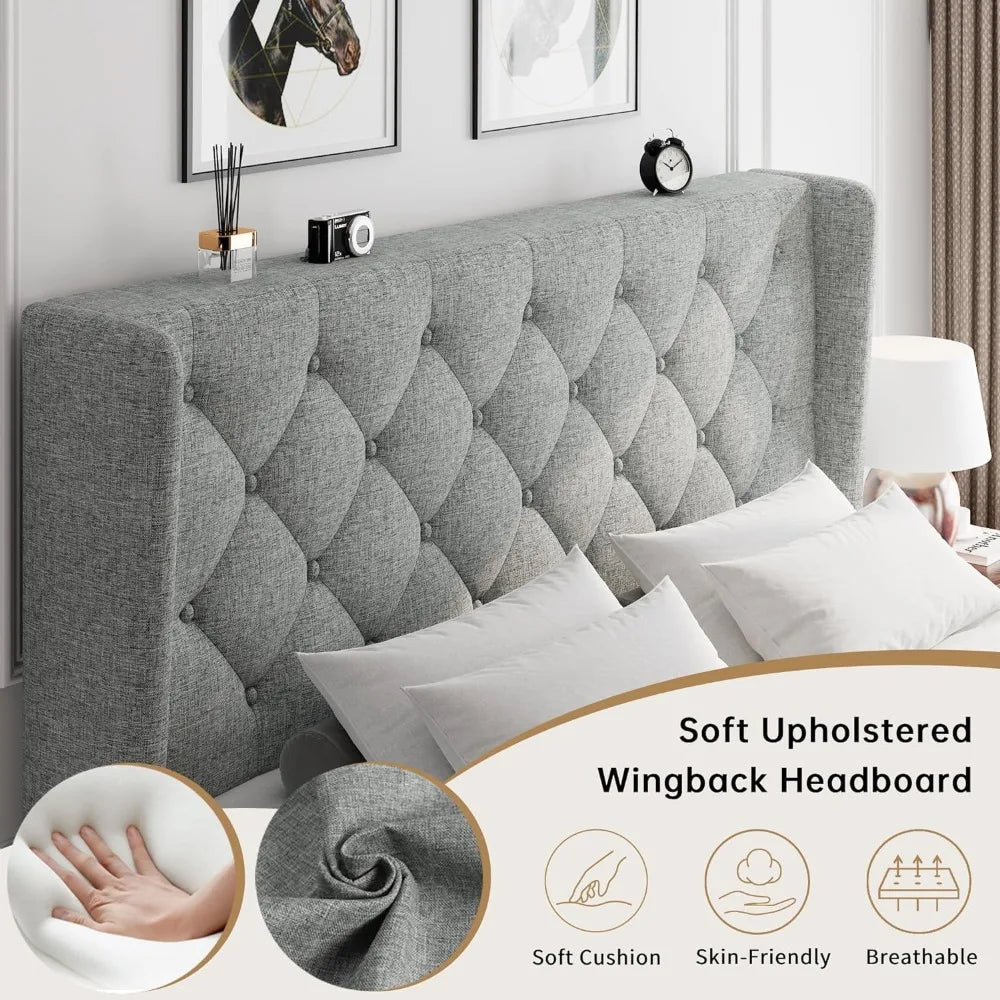 Full Size Bed Frame with Diamond Button Tufted Wingback Headboard, Upholstered Platform Bed Frame with Strong Wood Slat Support