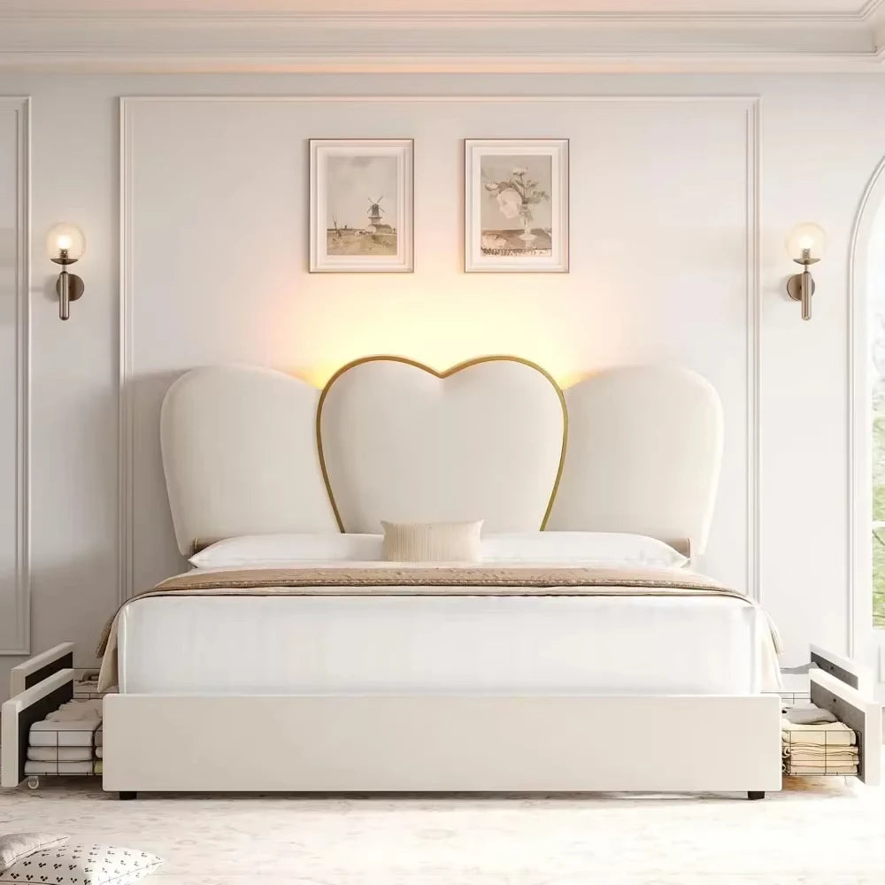 King LED Bed Frame with 4 Storage Drawers, Modern Velvet Upholstered Platform Bed with 55" Tall Heart Shaped Headboard