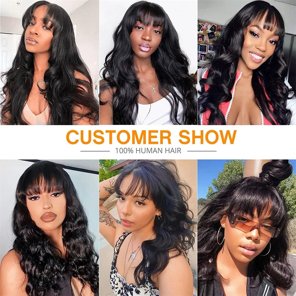 100% Human Hair Wigs With Bangs Body Wave Wig With Bangs Fringe Wigs Brazilian Natural Remy Human Hair