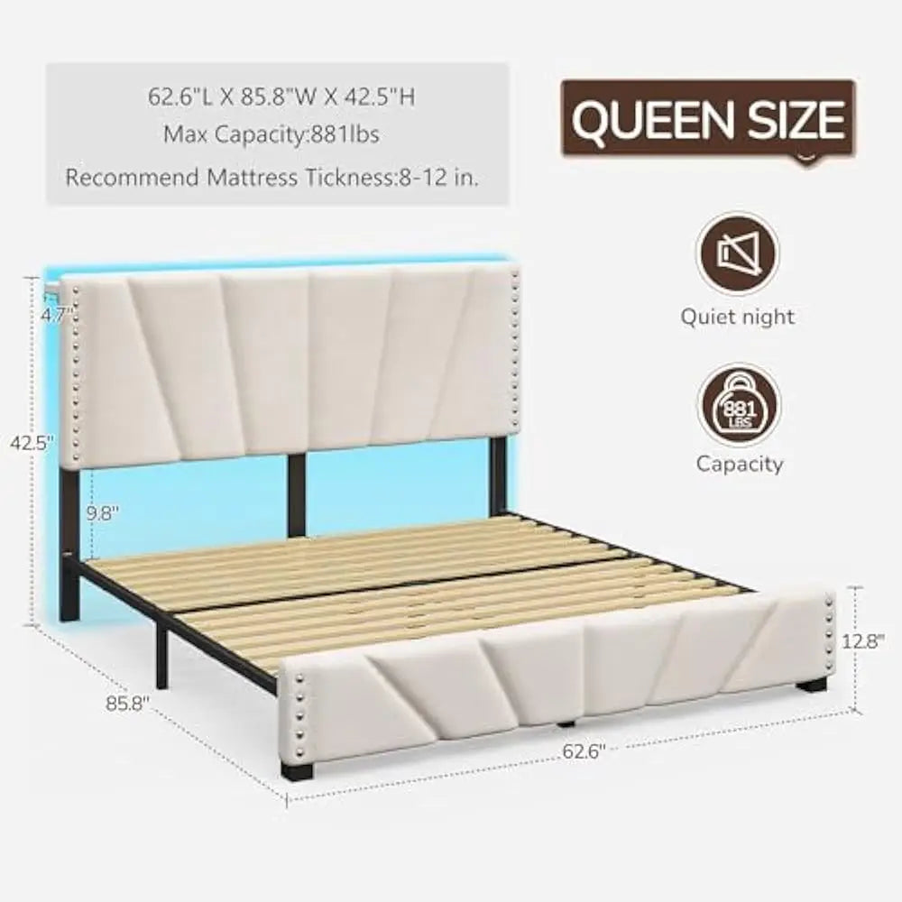 LED Queen Size Bed Frame with Velvet Headboard and Charging Station, Sturdy Wooden Slats Support, Noise-Free, Easy Assembly