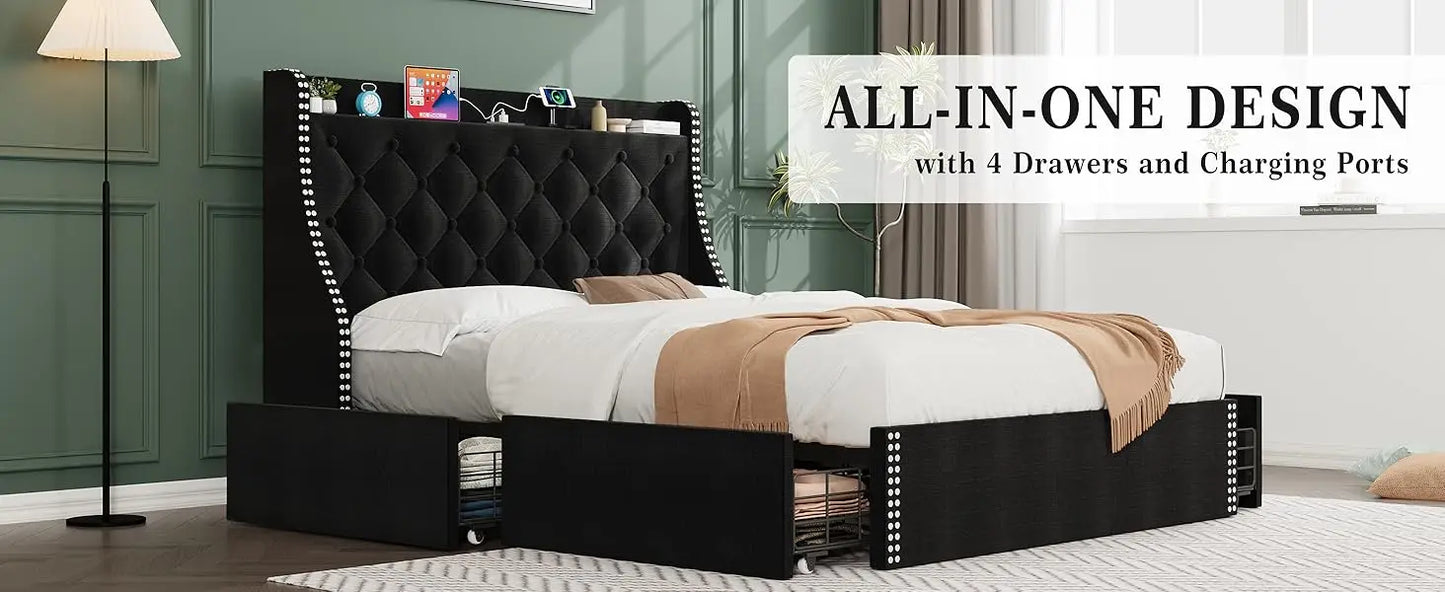 Large Bed Frame with 4 Storage Drawers and Storage Headboard Equipped with Charging Station Diamond Sewn Button Tufted Design