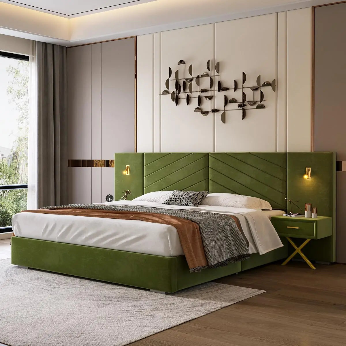 King Platform Bed Frame, Velvet Upholstered Headboard with 2 Built-in Wall Sconces & Nightstands, Sturdy Metal & Solid