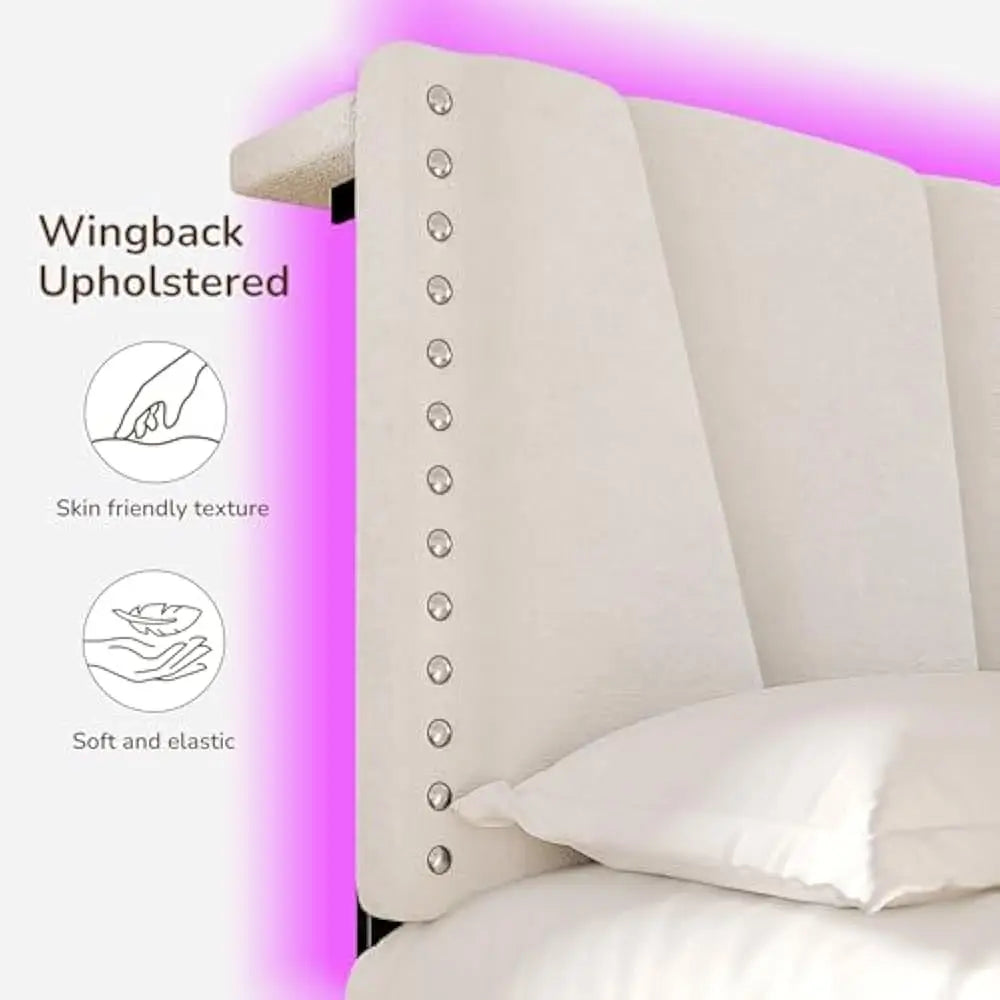 LED Queen Size Bed Frame with Velvet Headboard and Charging Station, Sturdy Wooden Slats Support, Noise-Free, Easy Assembly