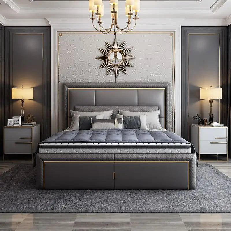 Light Luxury  Bed Frame Dark Gray Complete Furniture Bedrooms Set Beside Tables Cama King Size 2 People For Apartment Villa Home