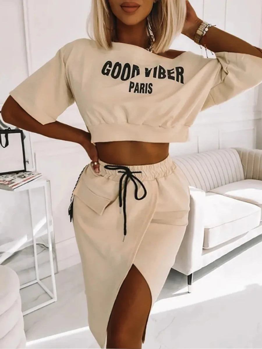 Two Piece Good Viber One Shoulder Letter Print Set Crop Top + High Split Skirt
