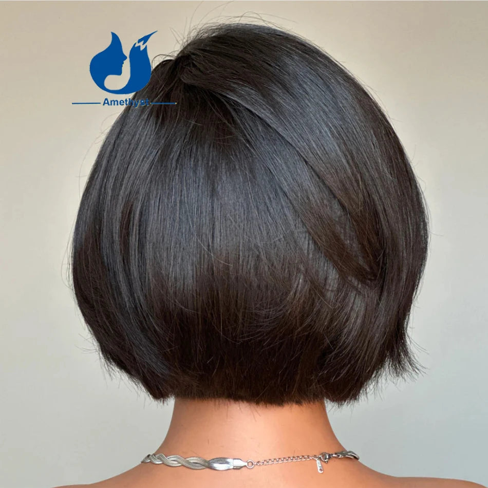 Natural Layered Short Bob with Side Bangs Straight 13x6 Lace Front Human Hair Wigs Straight Bob Pixie Cut