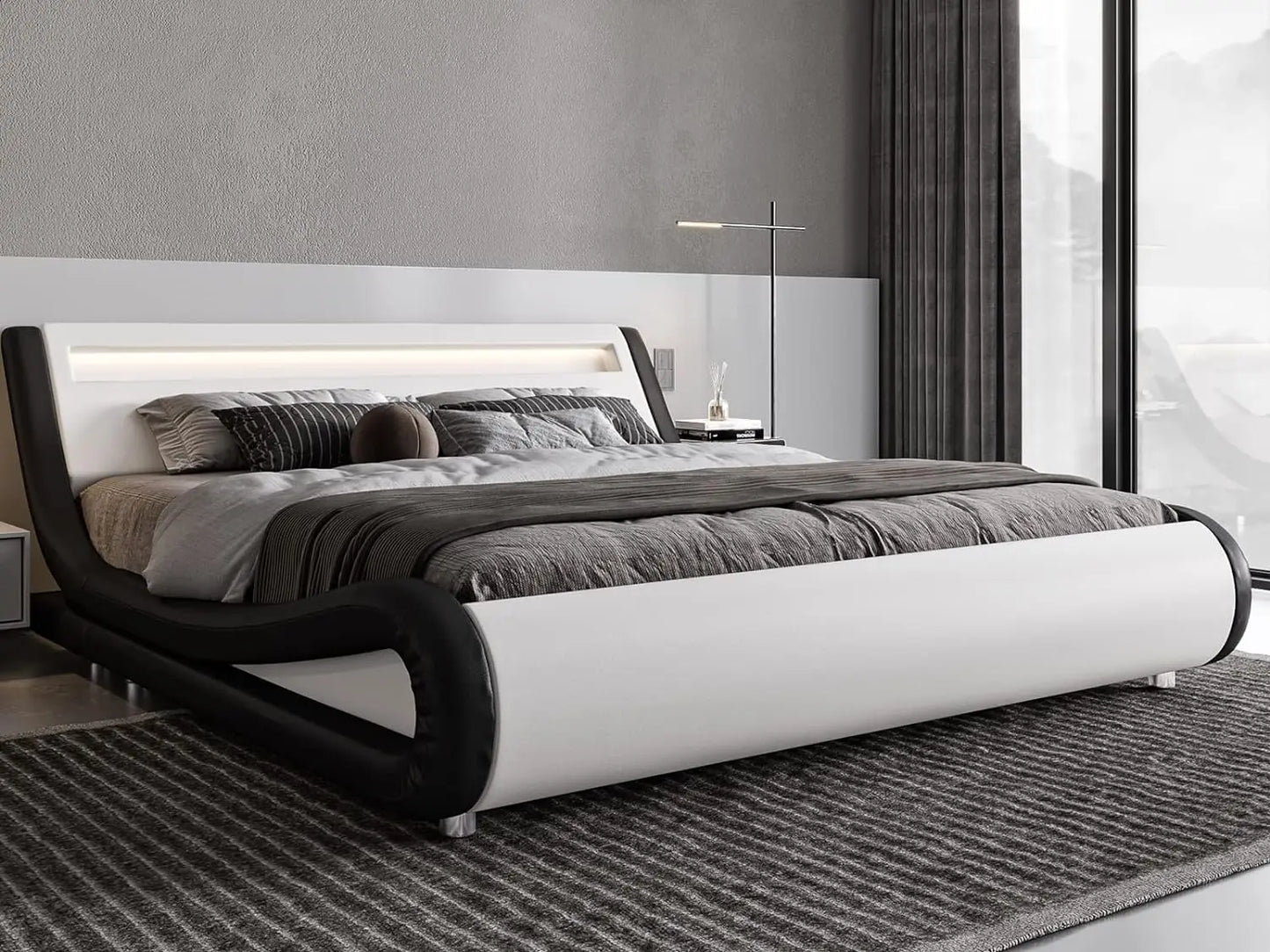 King Size LED Platform Bed Frame with Adjustable Headboard/No Box Spring Need/Easy Assembly/Faux Leather in White and Black