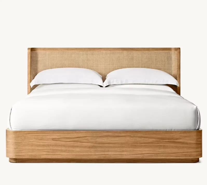 American Style Minimalist Wooden Rattan Weave king Size Bed Can Customize Bedroom Furniture