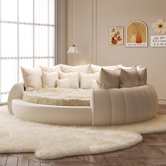 Minimalist Genuine Leather Bed Round Modern King Size American Style Fashionable Bed Light Luxury Wedding Full Lit Furniture