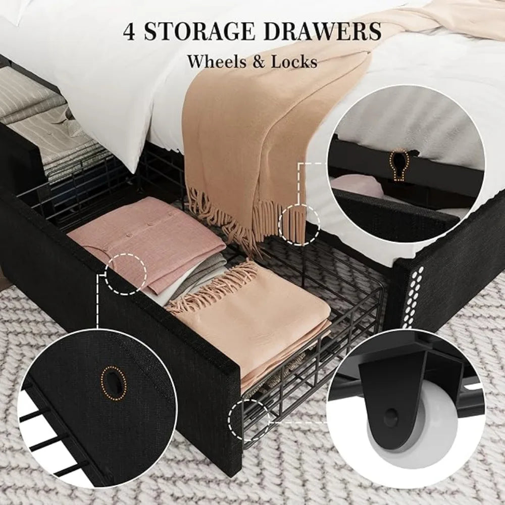 Large Bed Frame with 4 Storage Drawers and Storage Headboard Equipped with Charging Station Diamond Sewn Button Tufted Design