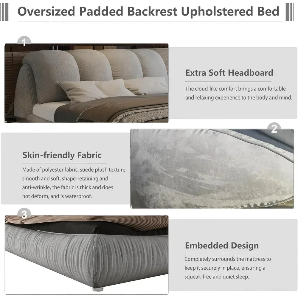 Luxury  Upholstered Platform Bed with Oversized Padded Backrest, Soft Frame Cloud Bed,Pinewooden Slats and Metal Leg