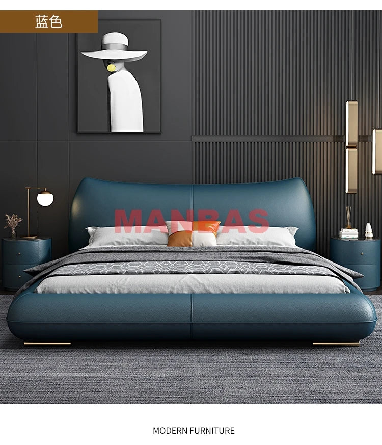 Linlamlim Genuine Leather Bed Double Size Rectangle Bed Frame Nordic King/Queen Size Wedding Lits Designer Upholstered Camas