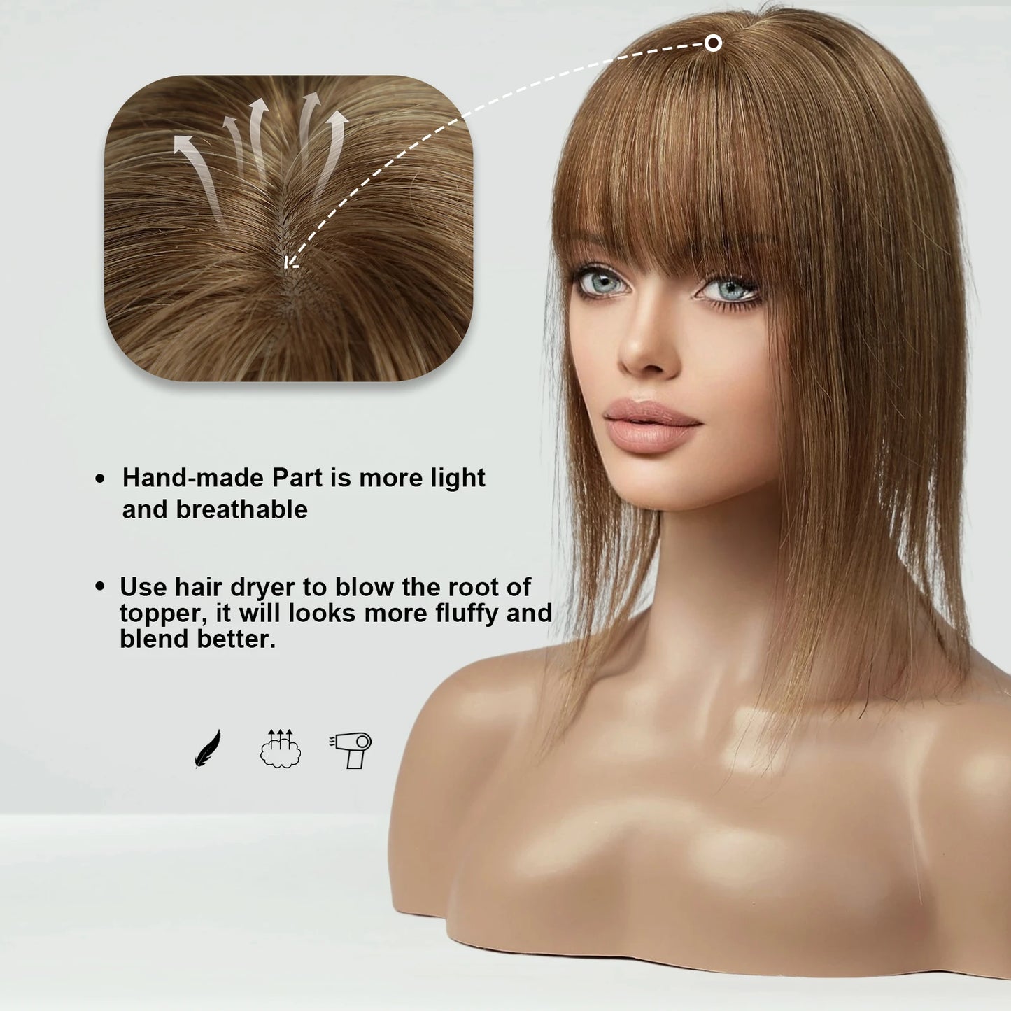 Ombre Blonde 100% Remy Human Hair Toppers with Bangs Silk Base Clip in Topper Top Hair in Hair Extension for Women 10/12/14inch