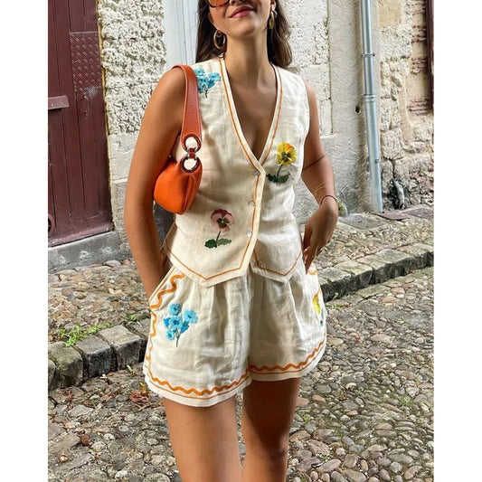 Spring  Summer Women's Suit New Sleeveless Vest Printed Vest Set Casual Loose Wide Leg Pants Vacation Two-piece Set For Women