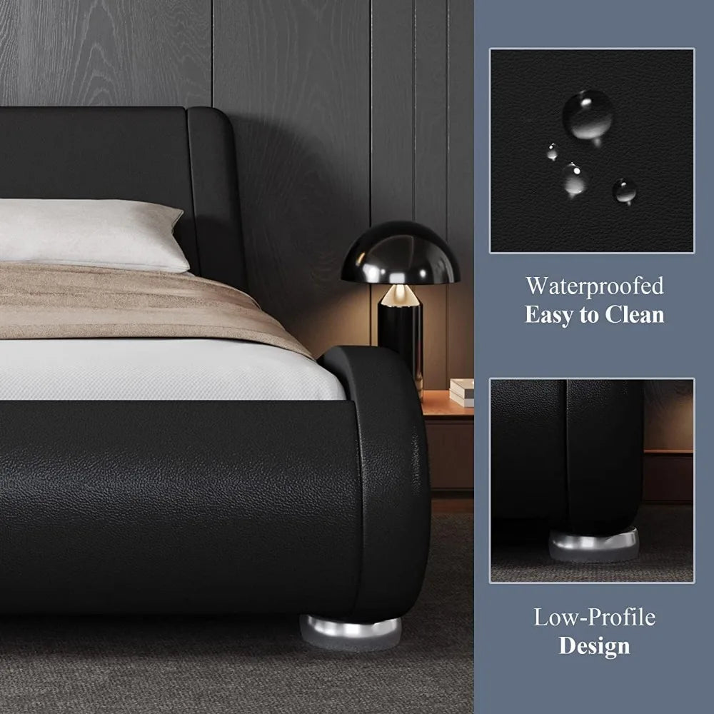 Queen Size Bed Frame with Ergonomic & Adjustable Headboard, Low Profile Modern Upholstered Platform Sleigh Design