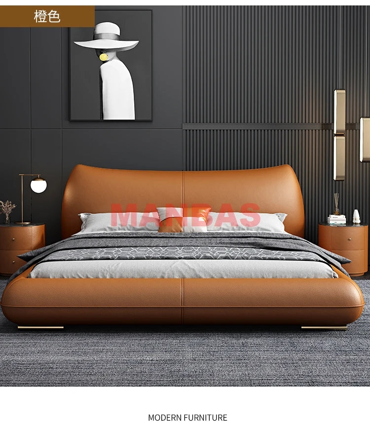 Linlamlim Genuine Leather Bed Double Size Rectangle Bed Frame Nordic King/Queen Size Wedding Lits Designer Upholstered Camas