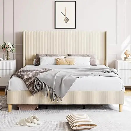 King Size Bed Frame, Upholstered Platform Corduroy Bed Frame with Vertical Channel Tufted Wingback Headboard, Strong Wooden Slat