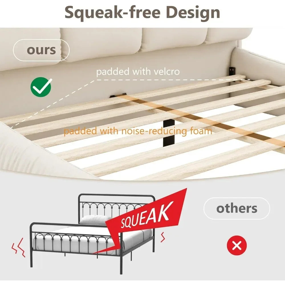 Beige Faux Leather Upholstered Solid Wood Frame Cloud Bed,King Size Platform Bed,Squeak-Free with Overstuffed Padded Headboard