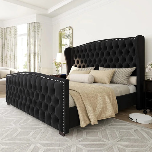 AMERLIFE Queen Size Platform Bed Frame, Velvet Upholstered Bed with Deep Button Tufted & Nailhead Trim Wingback Headboard/No Box