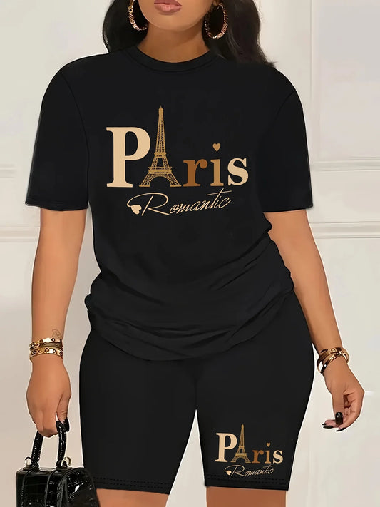Casual Shorts Set-Soft Crew Neck Short Sleeve T-shirt &Skinny Fit Shorts