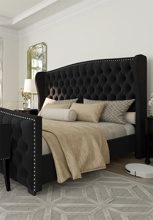 AMERLIFE Queen Size Platform Bed Frame, Chenille Upholstered Sleigh Bed with Wingback Headboard, No Box Spring, Cream