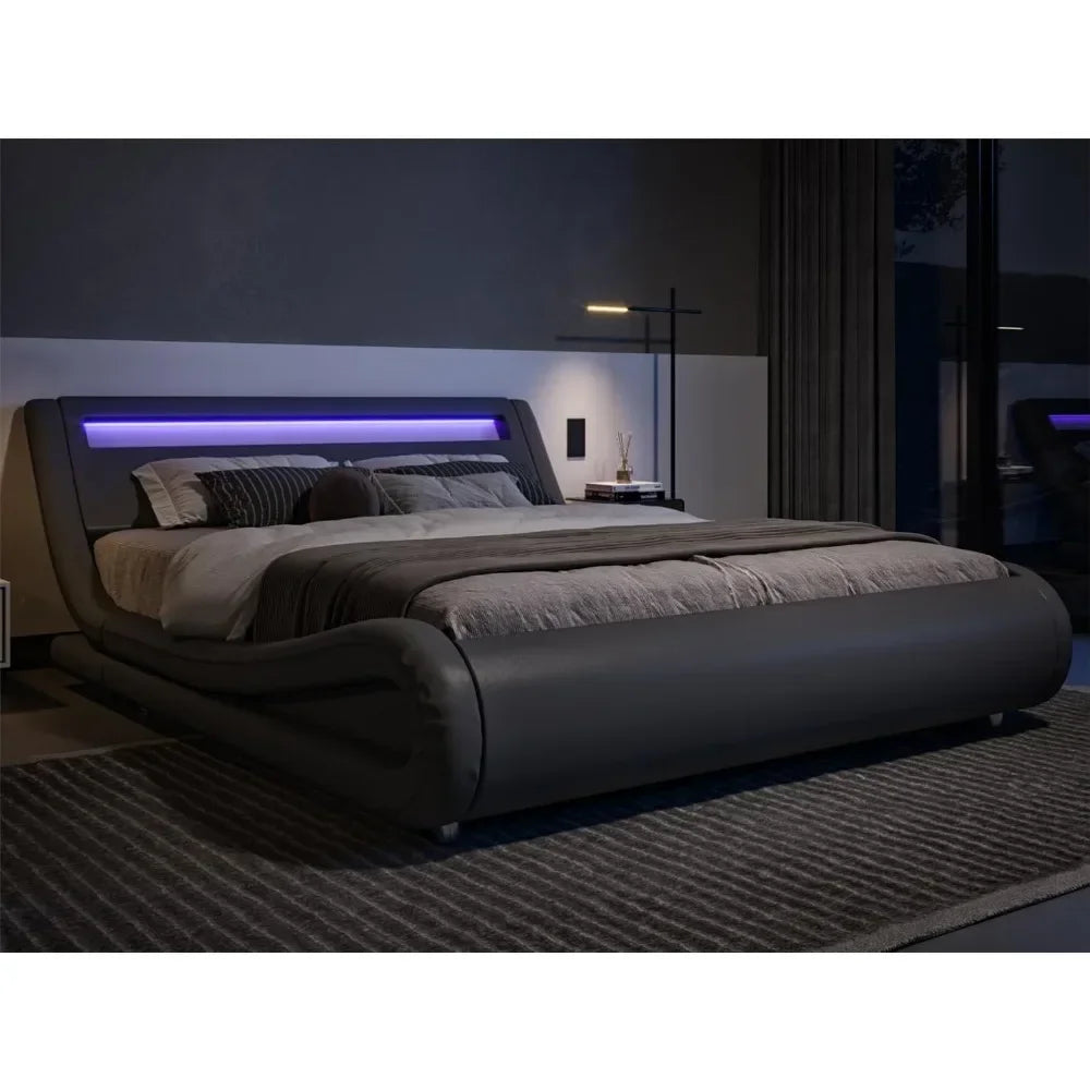 King Size LED Platform Bed Frame with Adjustable Headboard/No Box Spring Need/Easy Assembly/Faux Leather