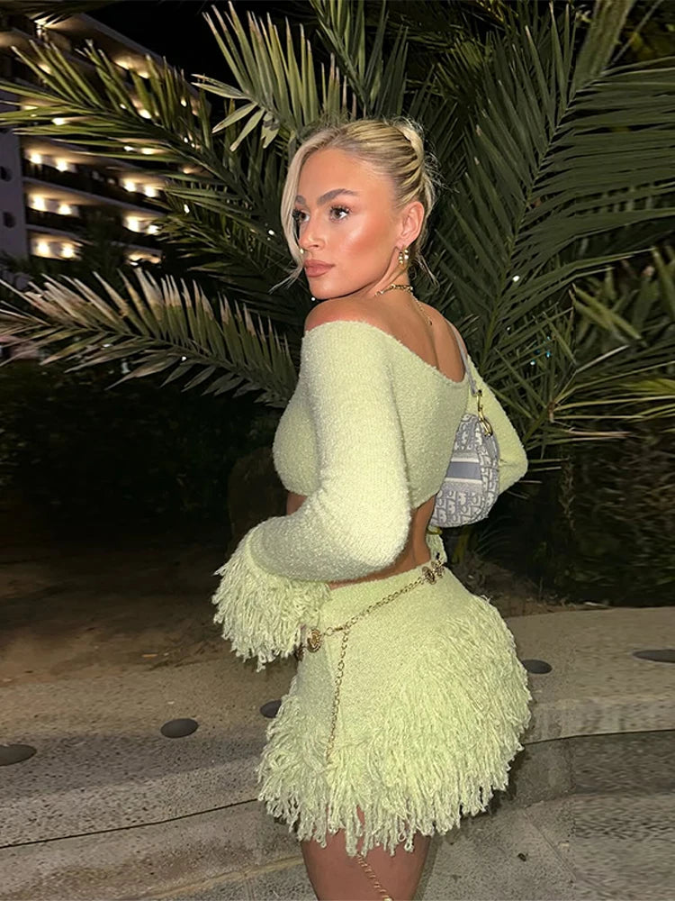 Elegant Tassel Knitted Skirt Set Women Off Shoulder Long Sleeve Crop Top Hip Package Mini Skirts Suit Summer Beach Lady Outfits