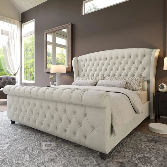 AMERLIFE Queen Size Platform Bed Frame, Chenille Upholstered Sleigh Bed with Wingback Headboard, No Box Spring, Cream