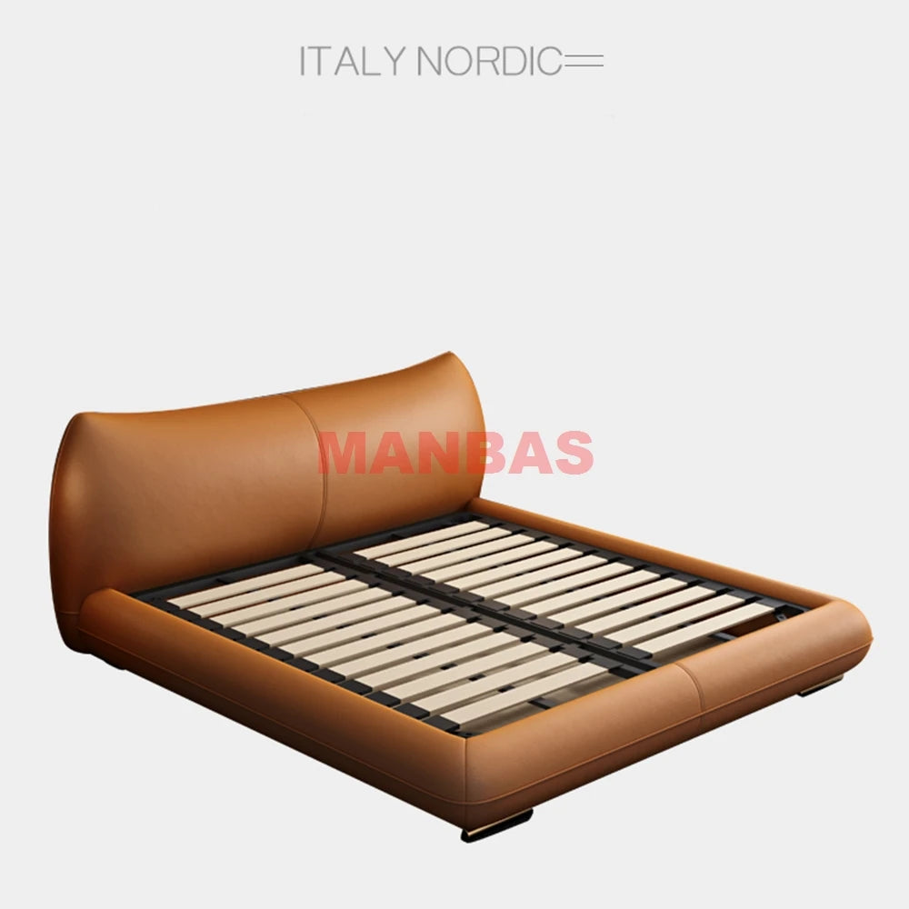 Linlamlim Genuine Leather Bed Double Size Rectangle Bed Frame Nordic King/Queen Size Wedding Lits Designer Upholstered Camas