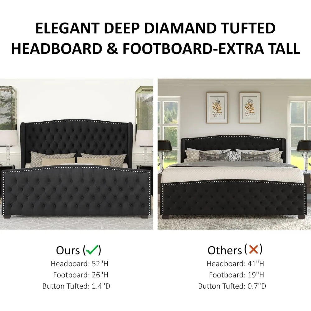 AMERLIFE Queen Size Platform Bed Frame, Velvet Upholstered Bed with Deep Button Tufted & Nailhead Trim Wingback Headboard/No Box