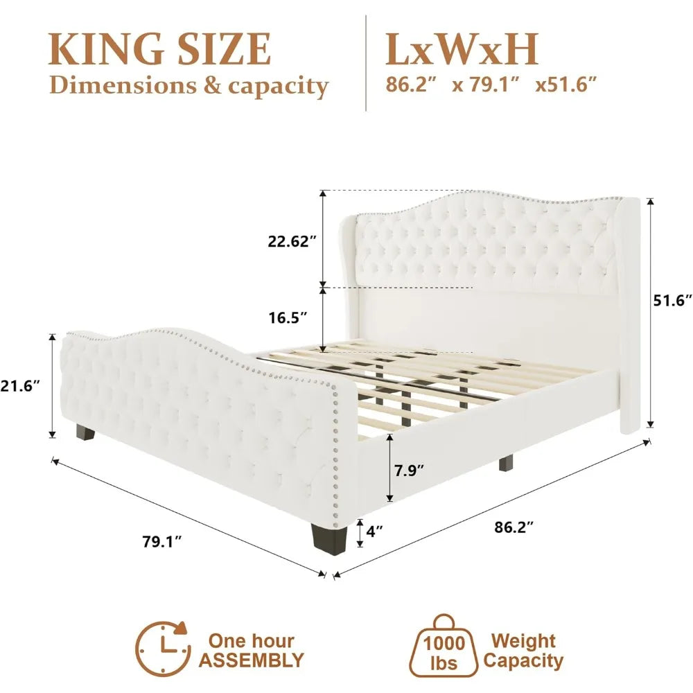 King Size Bed Frame with 51-inch Tall Camelback Headboard, Velvet Upholstered Platform Bed with Deep Button Tufted Footboard & N