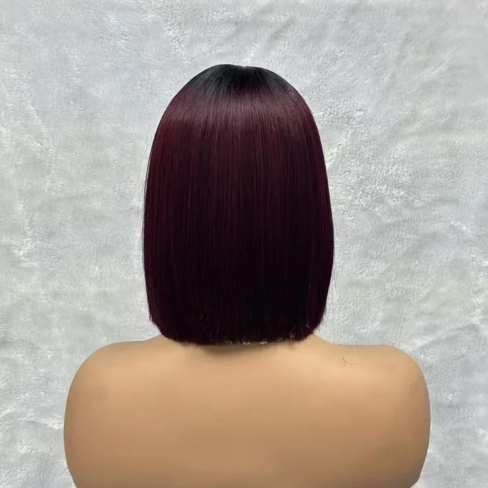 Wine Red Short Bob Human Hair Wig Virgin Brazilian Bone Straight Bob Hair Wig 2x6 Lace Closure Wigs
