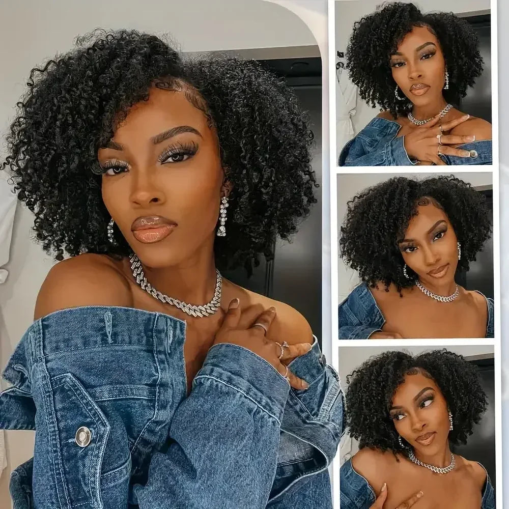Human Hair Kinky Curly 3 In 1 Human Hair Wig Seamless Flip Over Half Wig
