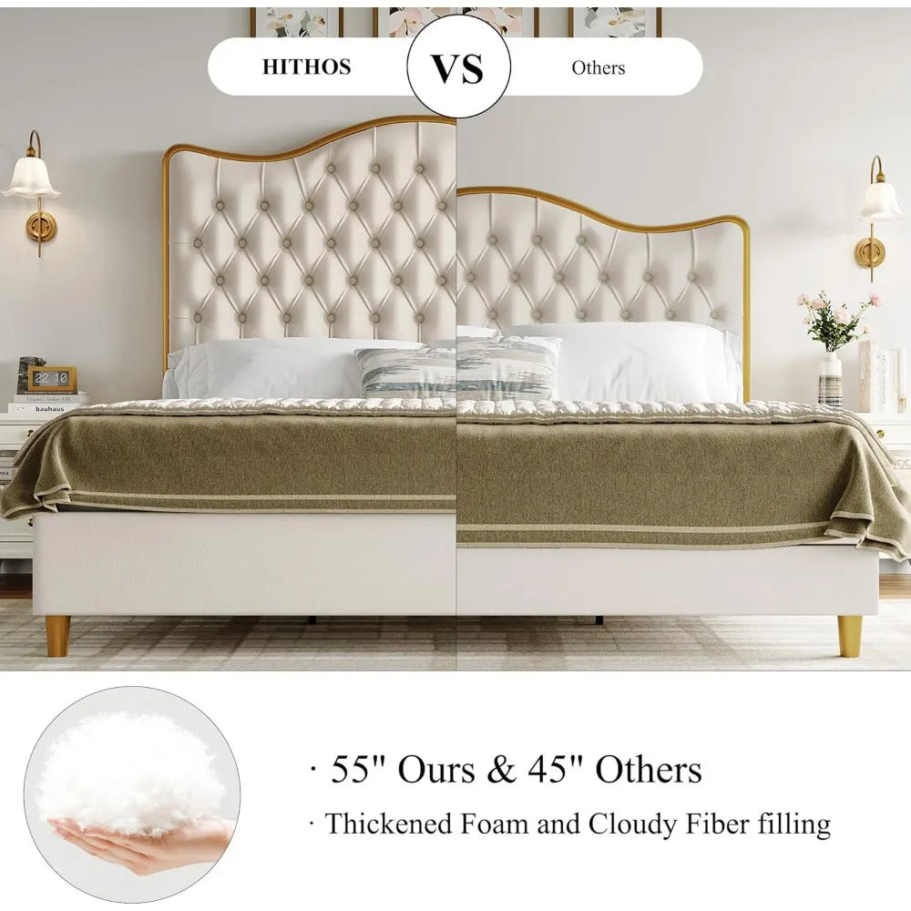 King Size Bed Frame W 55" Tall Curved Headboard, Velvet Deep Tufted Button, No Box Spring Needed, Metal Upholstered Platform Bed