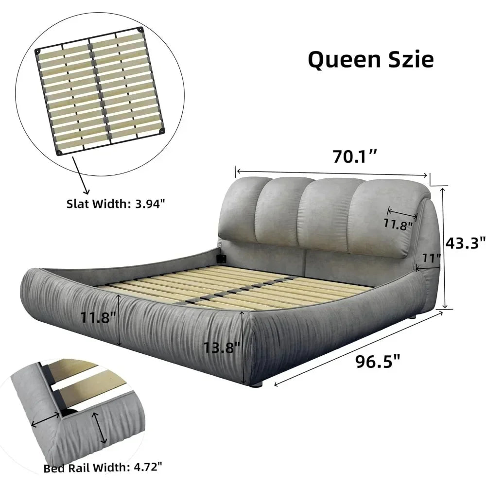 Luxury  Upholstered Platform Bed with Oversized Padded Backrest, Soft Frame Cloud Bed,Pinewooden Slats and Metal Leg