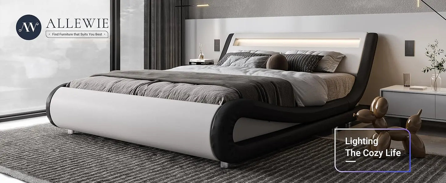 King Size LED Platform Bed Frame with Adjustable Headboard/No Box Spring Need/Easy Assembly/Faux Leather in White and Black