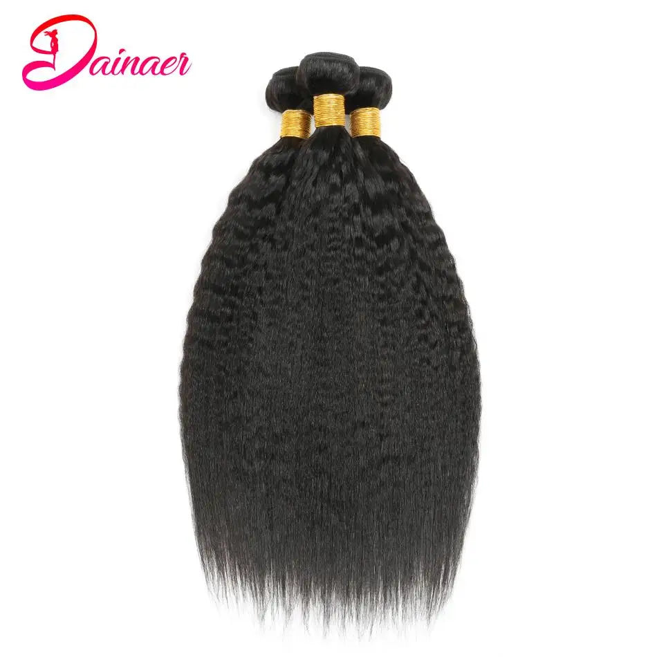 3 Pcs Kinky Straight Bundles Brazilian Unprocessed Virgin Human Hair Weave Bundles 4C  Yaki Human Hair Extensions Natural Black