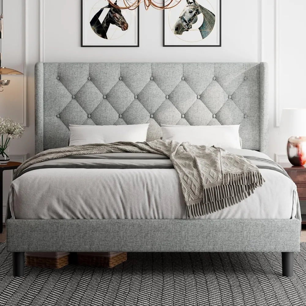 Full Size Bed Frame with Diamond Button Tufted Wingback Headboard, Upholstered Platform Bed Frame with Strong Wood Slat Support