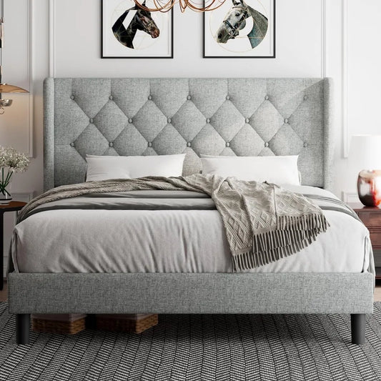 Full Size Bed Frame with Diamond Button Tufted Wingback Headboard, Upholstered Platform Bed Frame with Strong Wood Slat Support