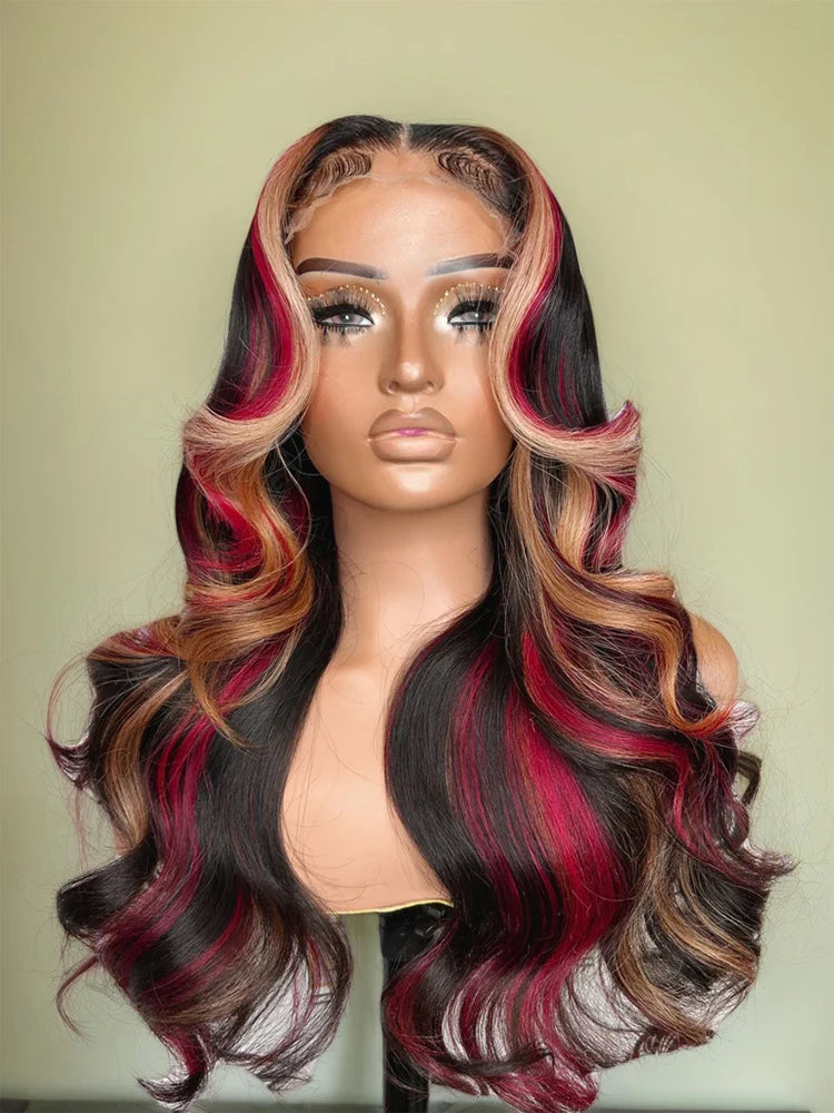Ombre Red With Blonde Highlights Body Wave 5x5 Glueless Wigs Human Hair Burgundy for Women Pre Plucked 200 Density Colored Wig