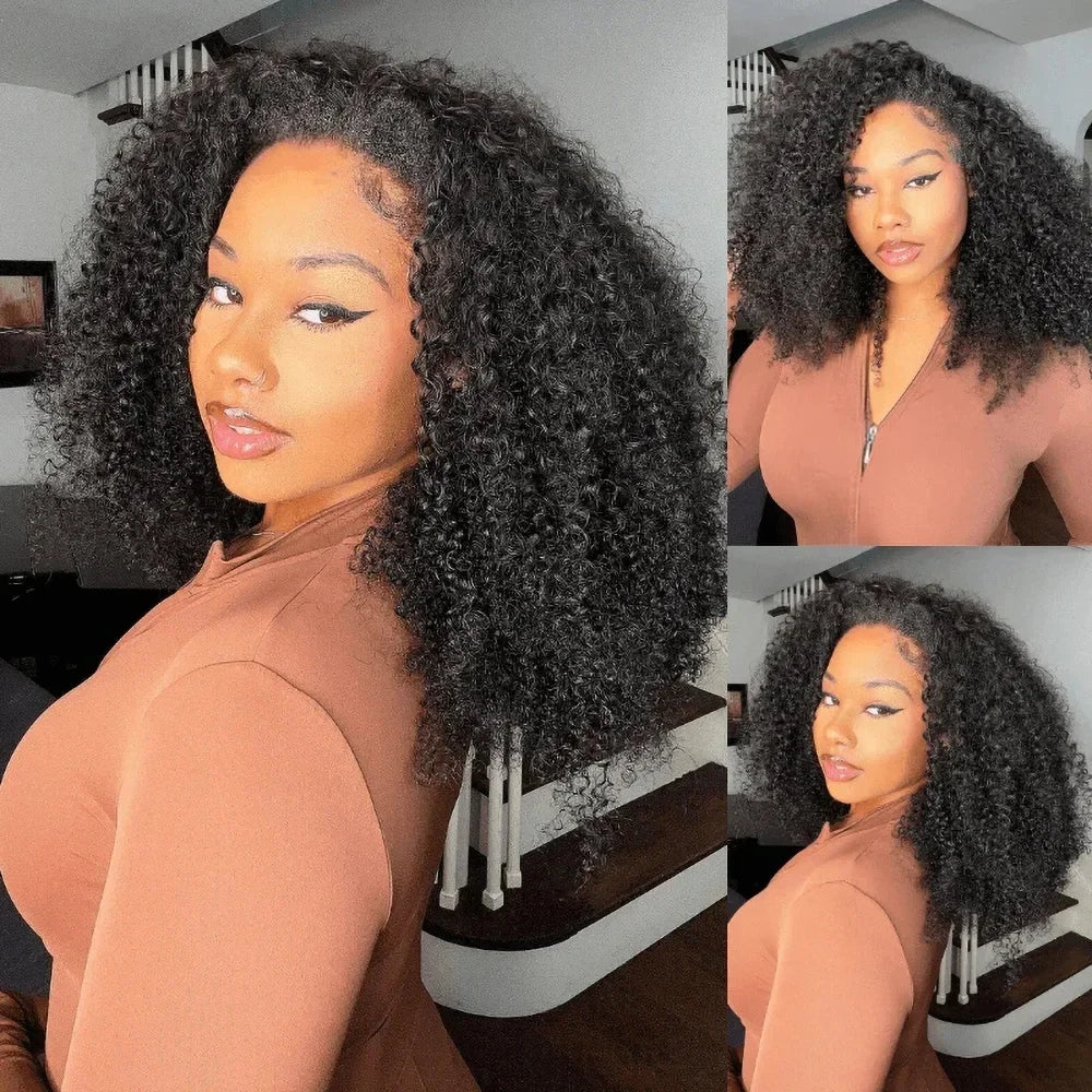 Human Hair Kinky Curly 3 In 1 Human Hair Wig Seamless Flip Over Half Wig