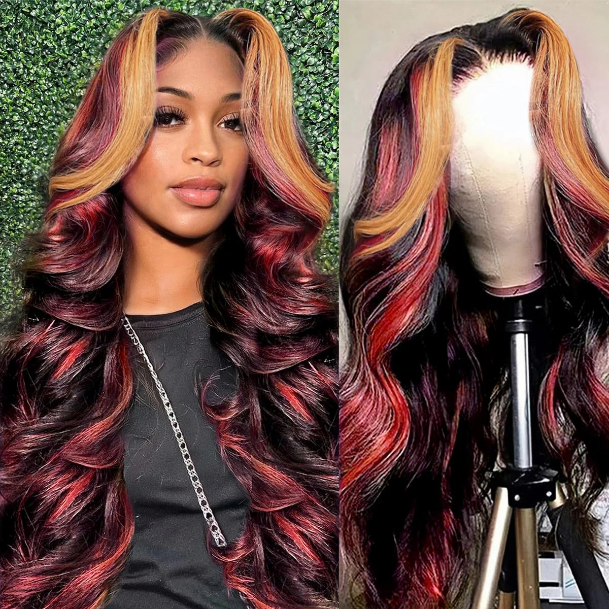 Ombre Red With Blonde Highlights Body Wave 5x5 Glueless Wigs Human Hair Burgundy for Women Pre Plucked 200 Density Colored Wig