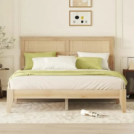 Queen Size Rattan Bed Frame, Natural Wood Bed Frame with Support Legs, Platform Beds with Rattan Headboard, Queen Bed Frame