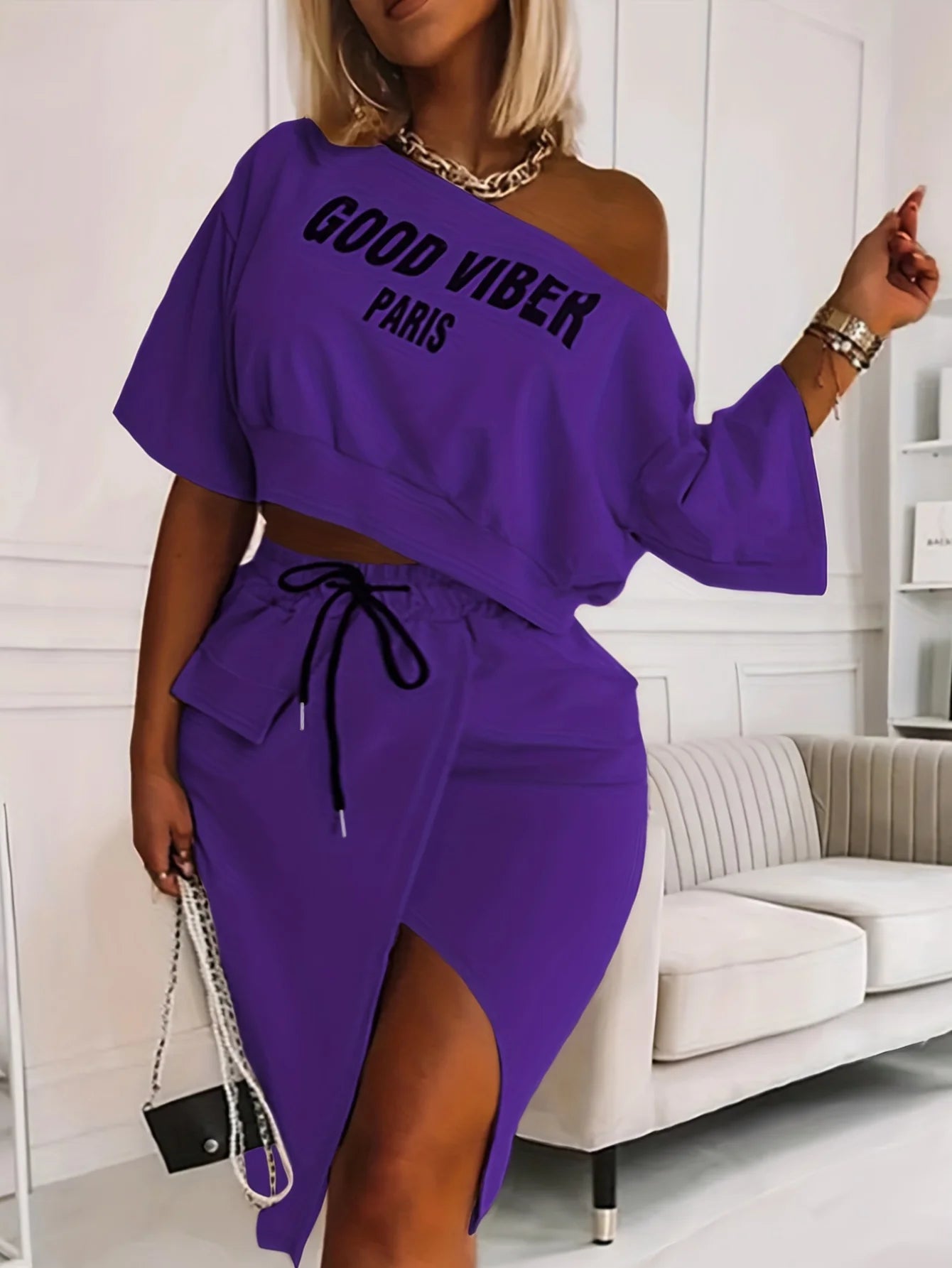 Two Piece Good Viber One Shoulder Letter Print Set Crop Top + High Split Skirt