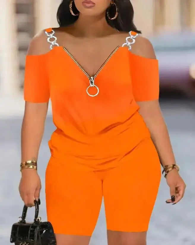 2 Piece Set Women Sexy Off Shoulder Strap short sleeves T-shirt