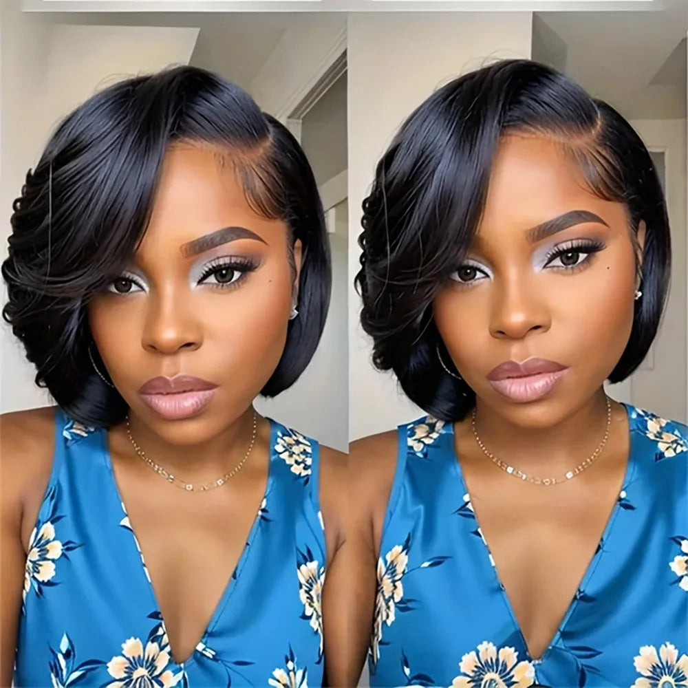 13x4 frontal lace daily party use remy wig 150% density 8inch 99 brown black color short straight pixie cut human hair wig