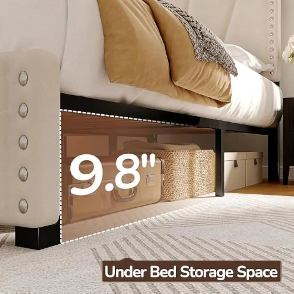 LED Queen Size Bed Frame with Velvet Headboard and Charging Station, Sturdy Wooden Slats Support, Noise-Free, Easy Assembly